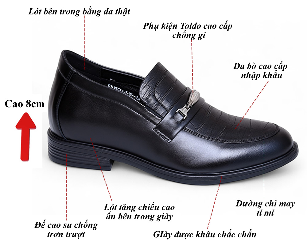 Giày lười cao 8cm da thật đế khâu